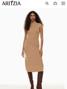 Aritzia Wilfred Mimi Dress Coffee Brown Ribbed Knit Midi Dress 🤎